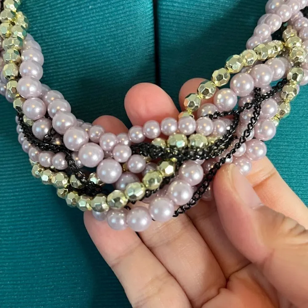 Vintage Multi Layer Twisted Beaded Faux Pearl Braided Chunky Statement Necklace